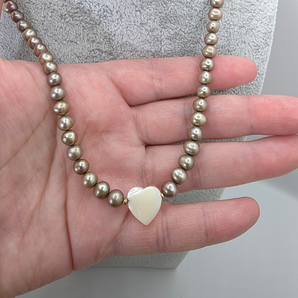 Minimalist Cultured Pearl Necklace 6mm Gold Filled Clasp Mother of Pearl Heart